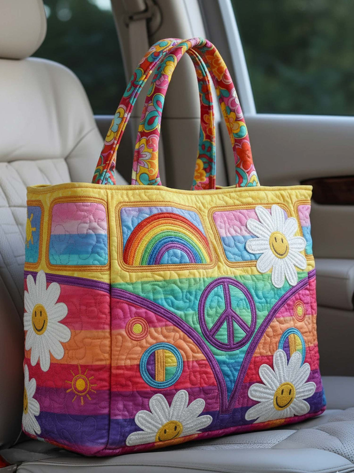 Rainbow Flower Hippie Van Quilted Tote Bag
