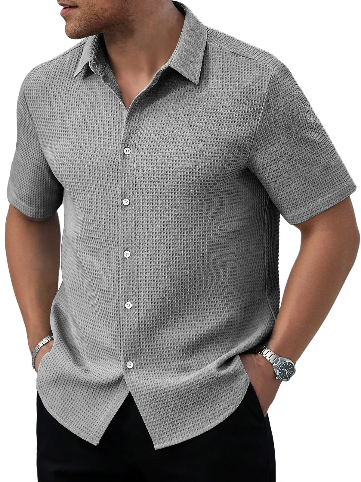 Men's Waffle Daily Casual Comfort Solid Color Short Sleeve Shirt