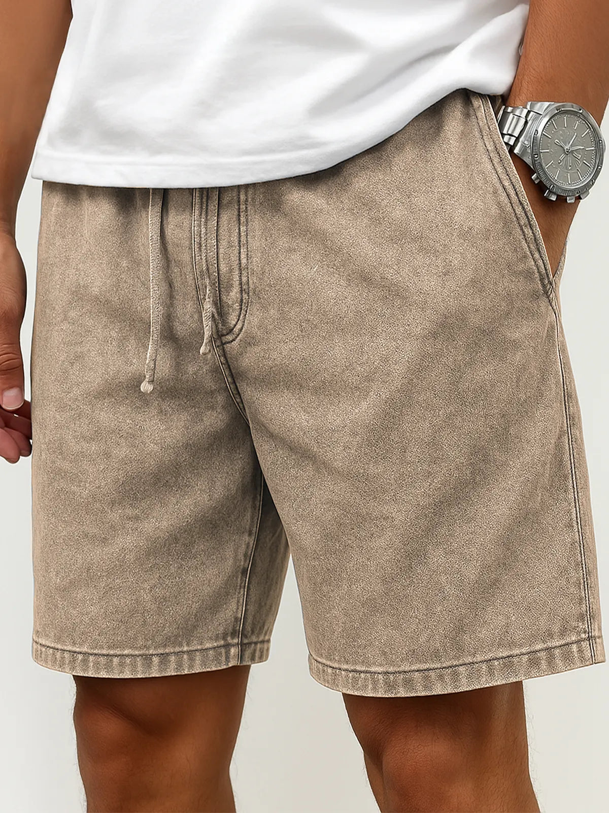 Men's Stylish Washed Lace-Up Casual Cropped Shorts with Side Pockets