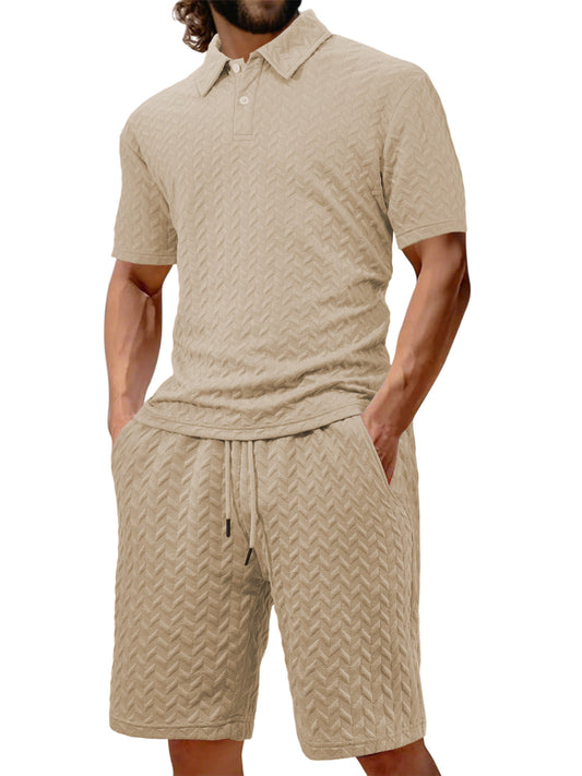 Men's Jacquard Texture Holiday Casual Polo Shirt Lapel Short-sleeved Shorts Suit