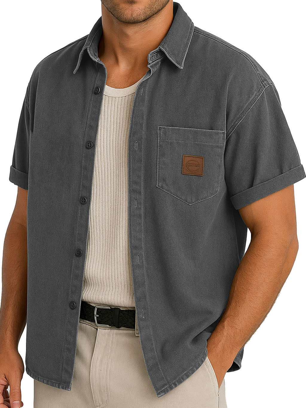 Men's Functional Workwear Style Pocket Logo Short-sleeved Shirt