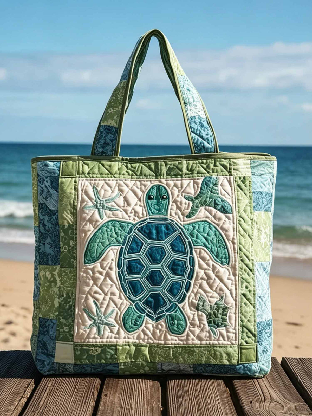 Beach Turtle Patchwork Pattern Quilted Tote Bag