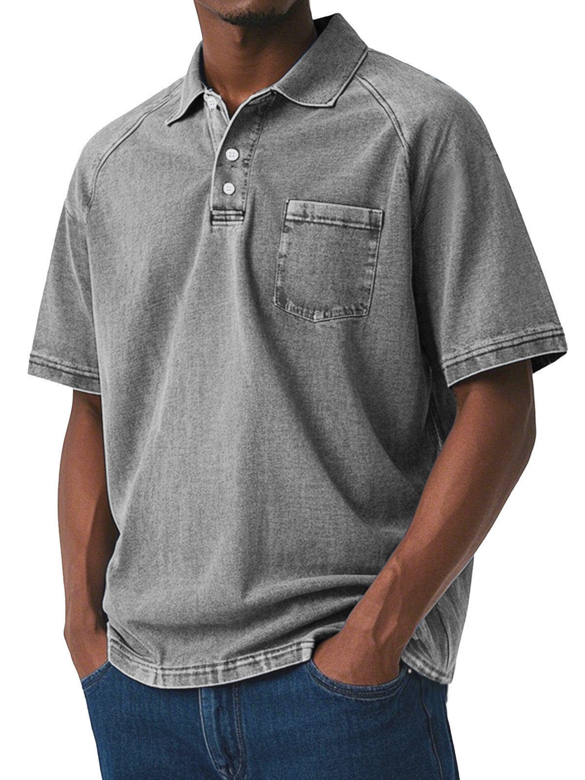 Men's Casual Retro Solid Color Comfortable Raglan Sleeve Lapel Polo Shirt