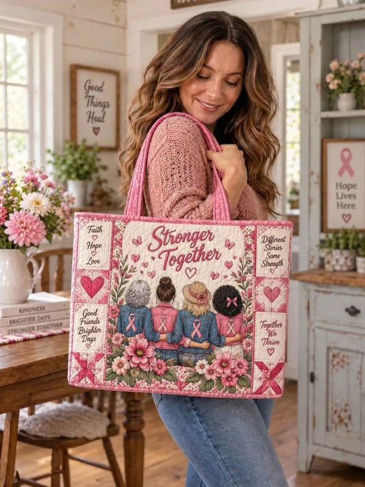 Stronger Together Pink Ribbon Ladies Floral Patchwork Quilted Tote Bag