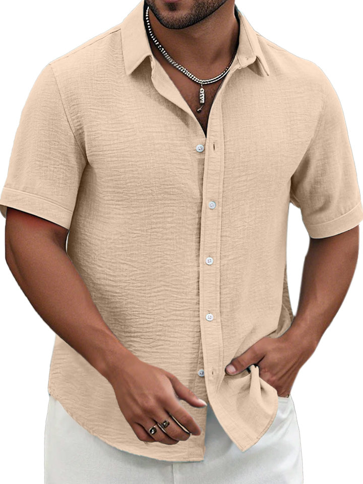 Men's Summer Solid Color Textured Short-sleeved Lapel Button-down Shirt
