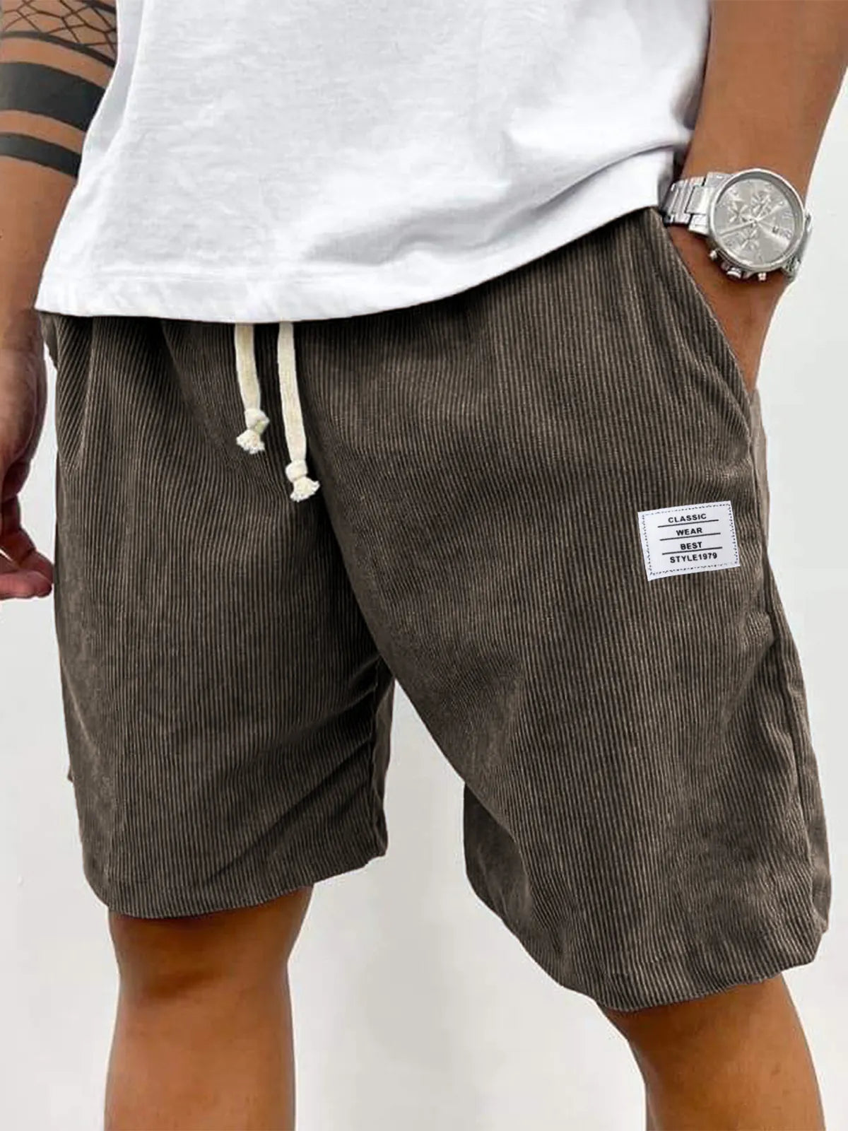 Men's Stylish Corduroy Simple Embroidered Logo Casual Lace-up Loose Shorts