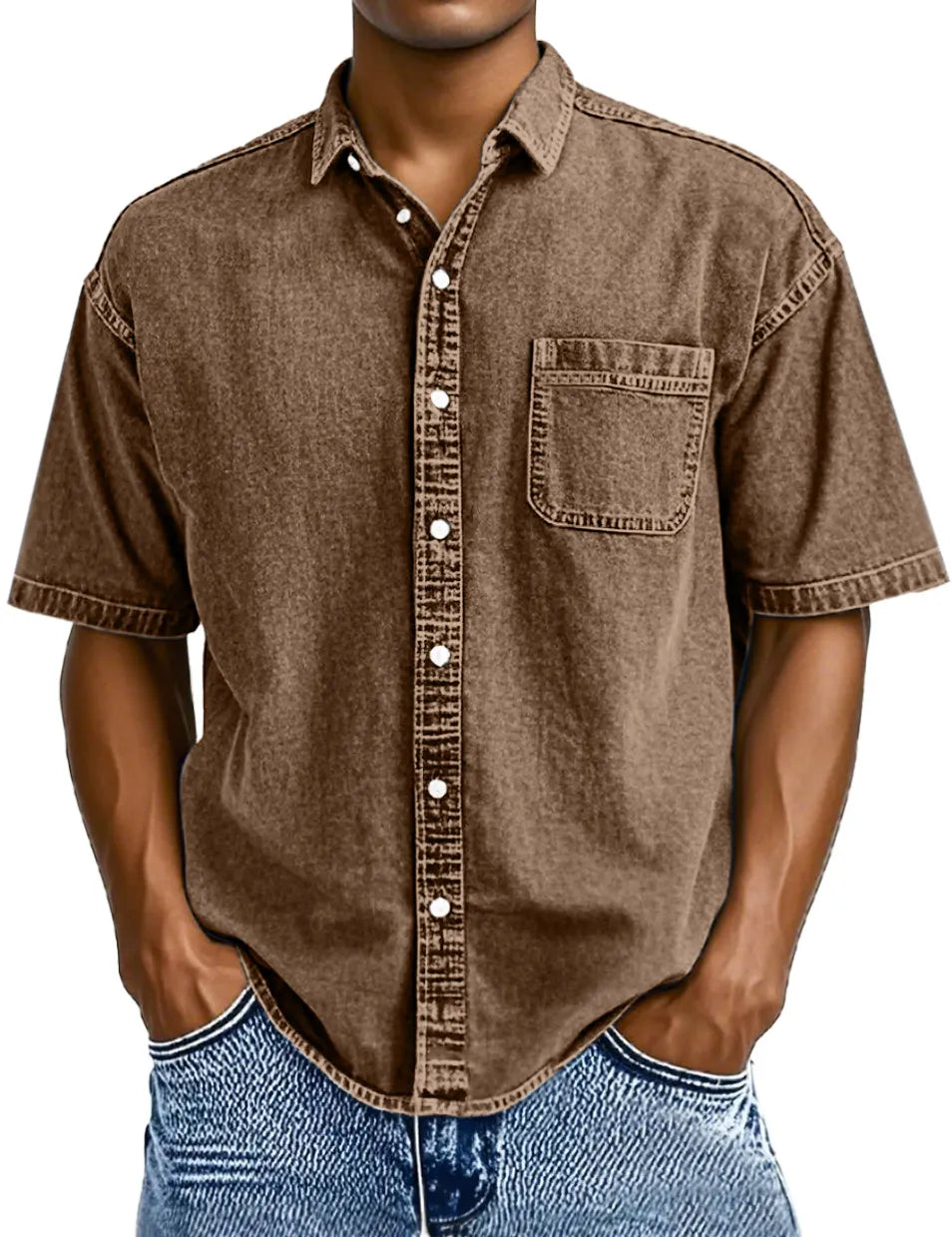Men's Retro Solid Color Simple Lapel Button-down Short-sleeved Shirt