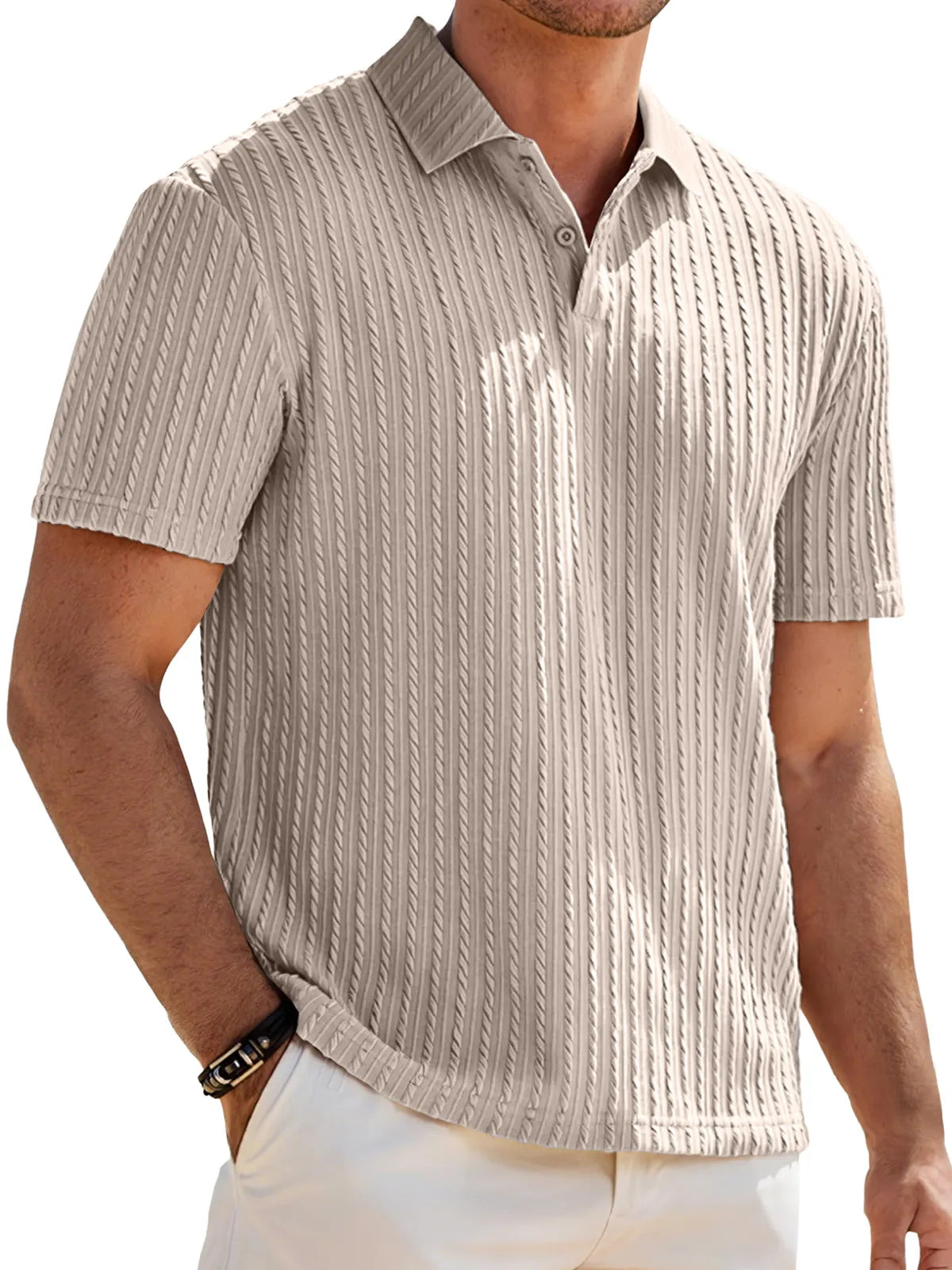 Men's Jacquard Texture Casual Lapel Button Solid Color Short-sleeved Polo Shirt