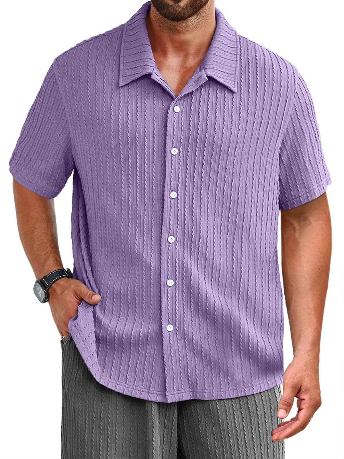 Men's Daily Jacquard Texture Casual Solid Color Short-sleeved Shirt