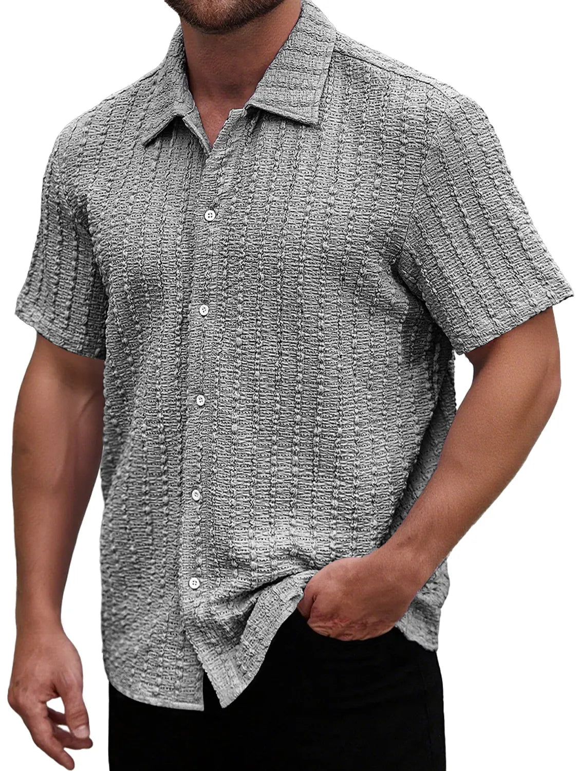 Men's Casual Textured Lapel Solid Color Short-sleeved Shirt