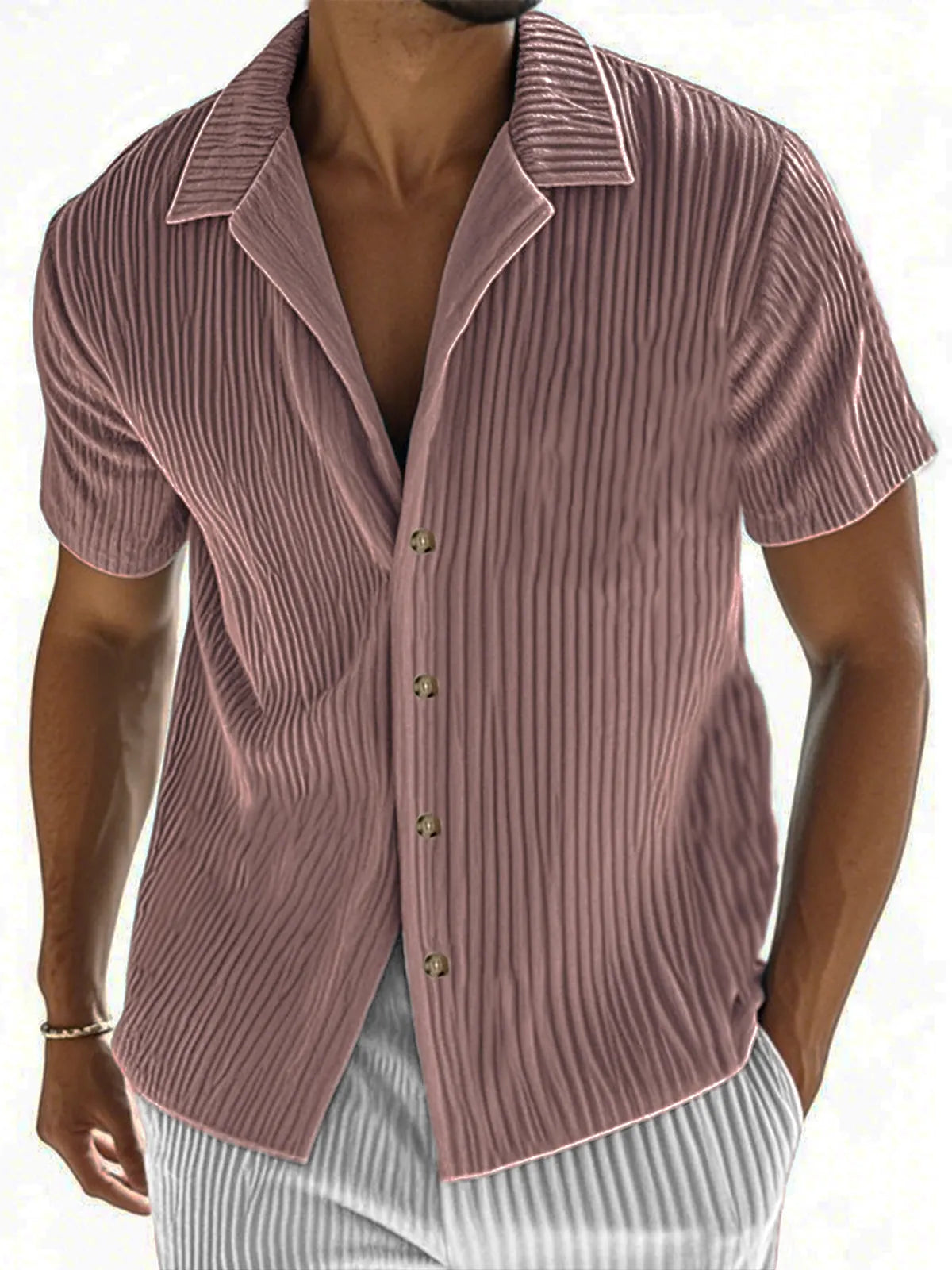 Men's Ribbed Vertical Striped Camp Collar Short-sleeved Lapel Shirt
