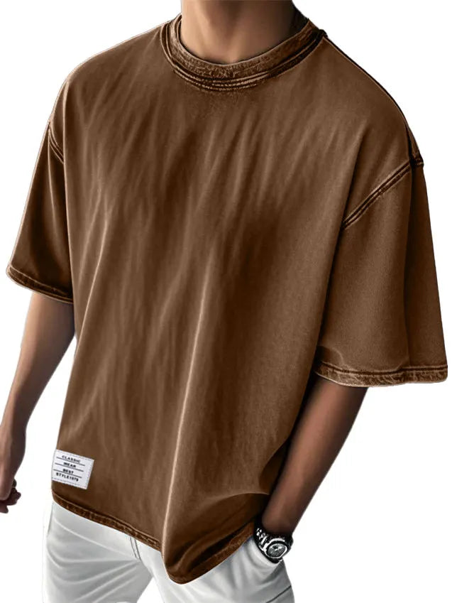 Men's Stylish Washed Distressed Cotton Logo Casual Short Sleeve T-shirt