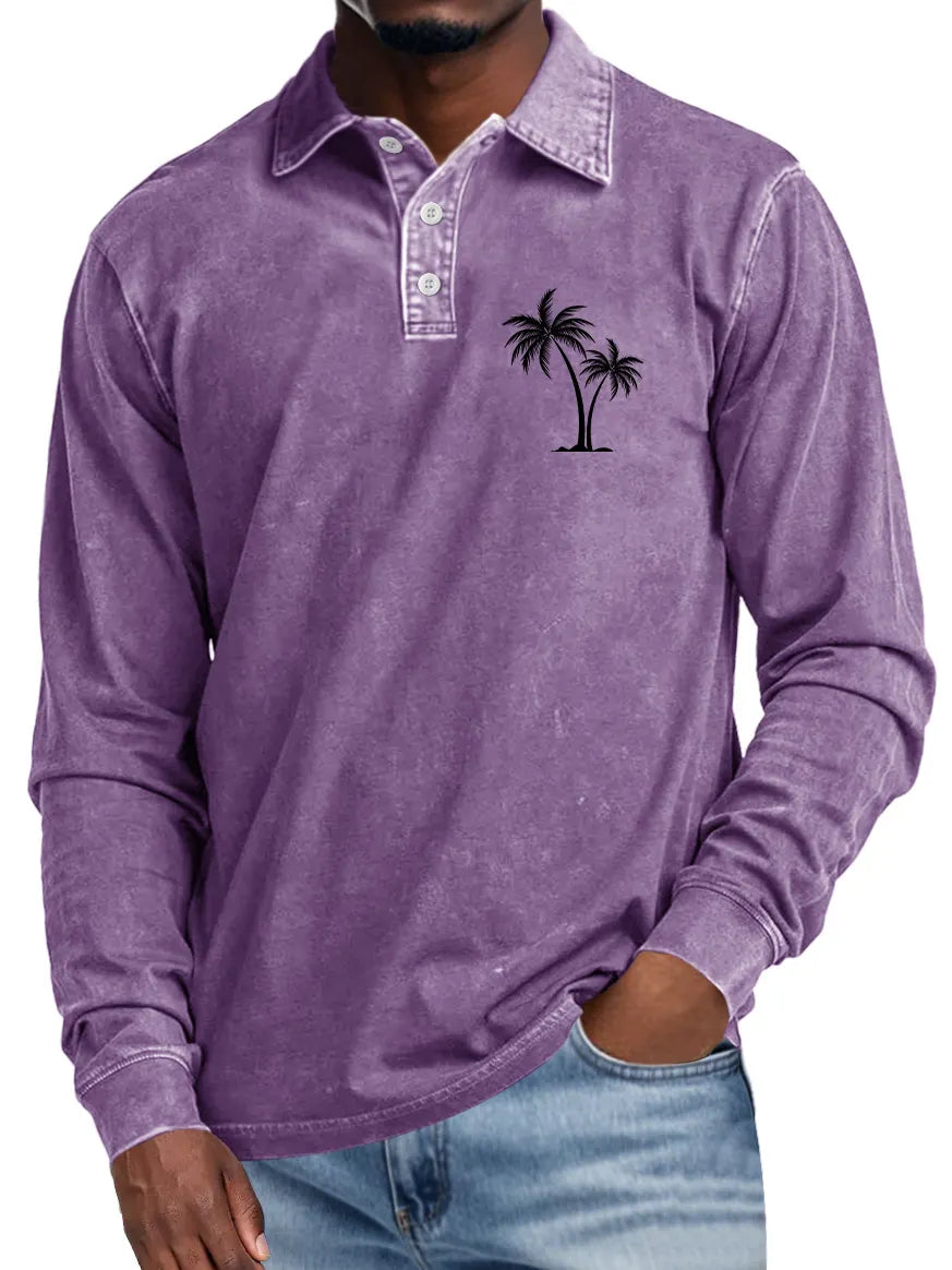 Men's Casual Lapel Buttoned Coconut Print Long Sleeve POLO Shirt