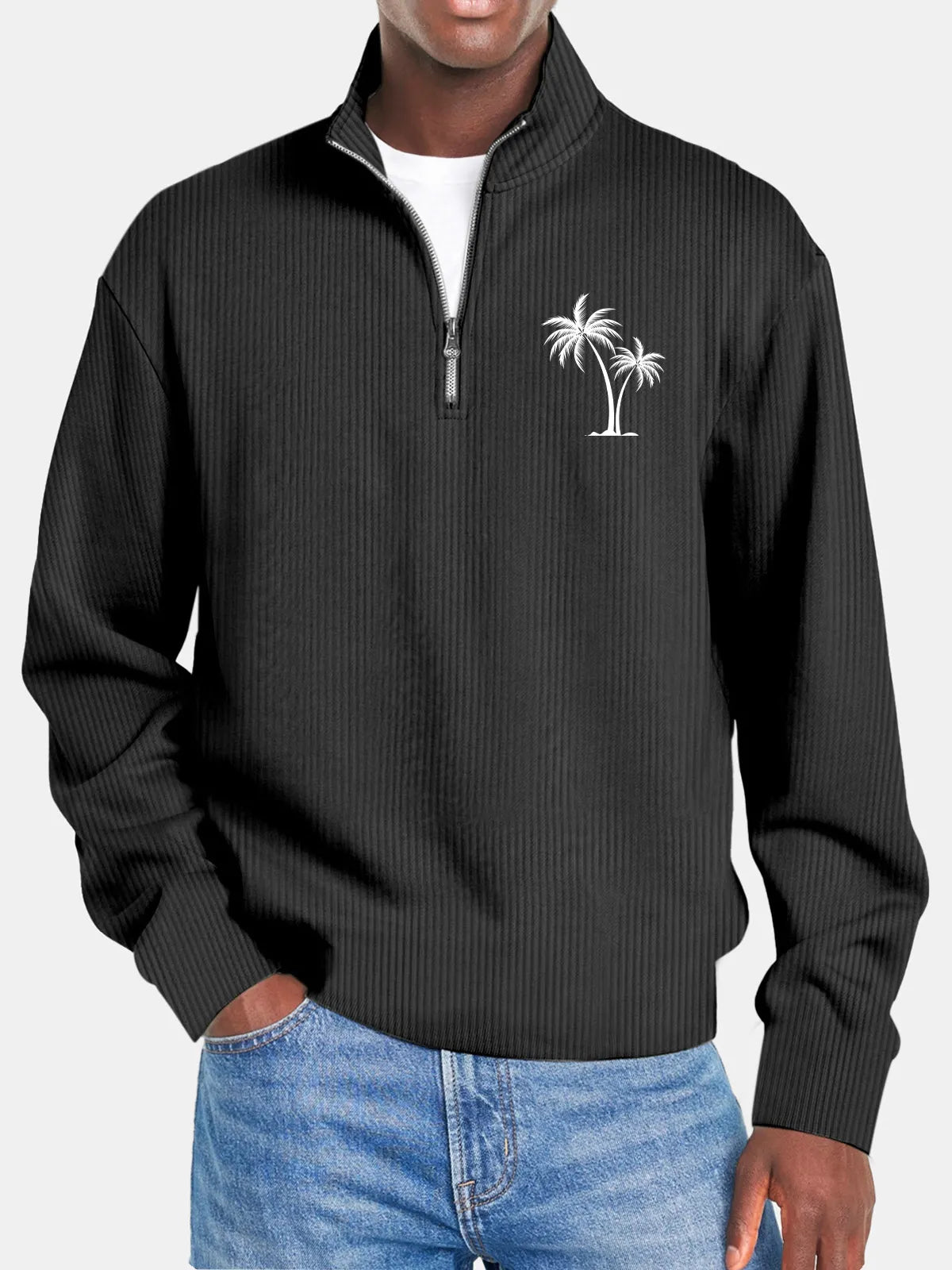 Men's Casual Solid Color Vertical Pit Stripe Coconut Tree Print Zipper Long Sleeve Top
