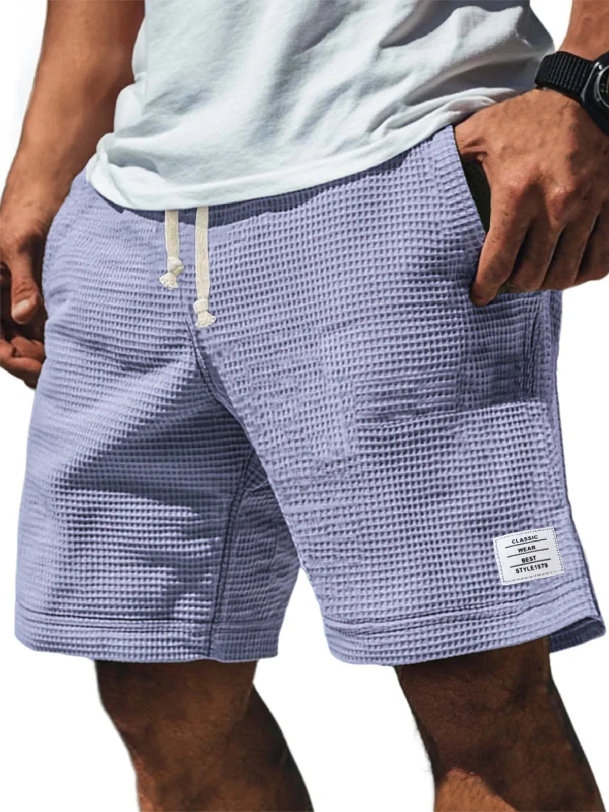 Men's Soft Waffle Simple Embroidered Logo Stylish Lace Up Everyday Casual Shorts