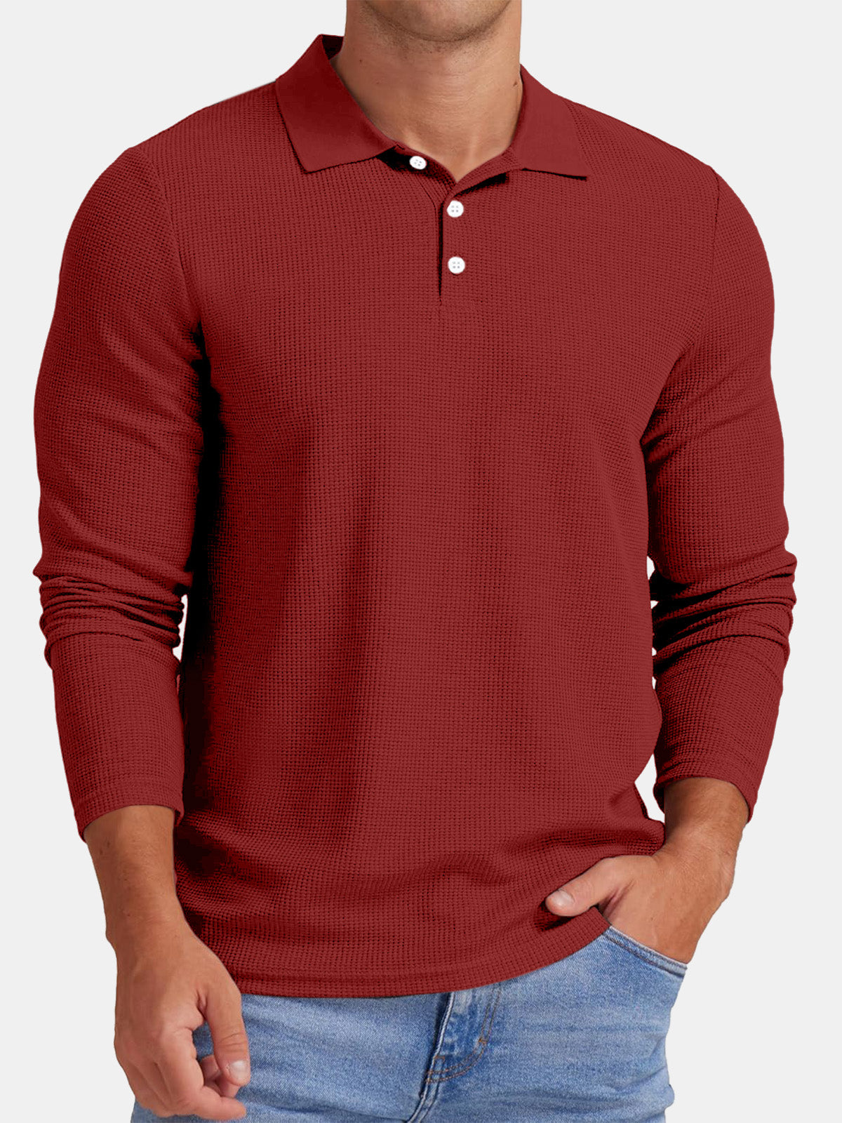Men's Autumn Comfortable Solid Color Waffle Button Long Sleeve Polo Shirt
