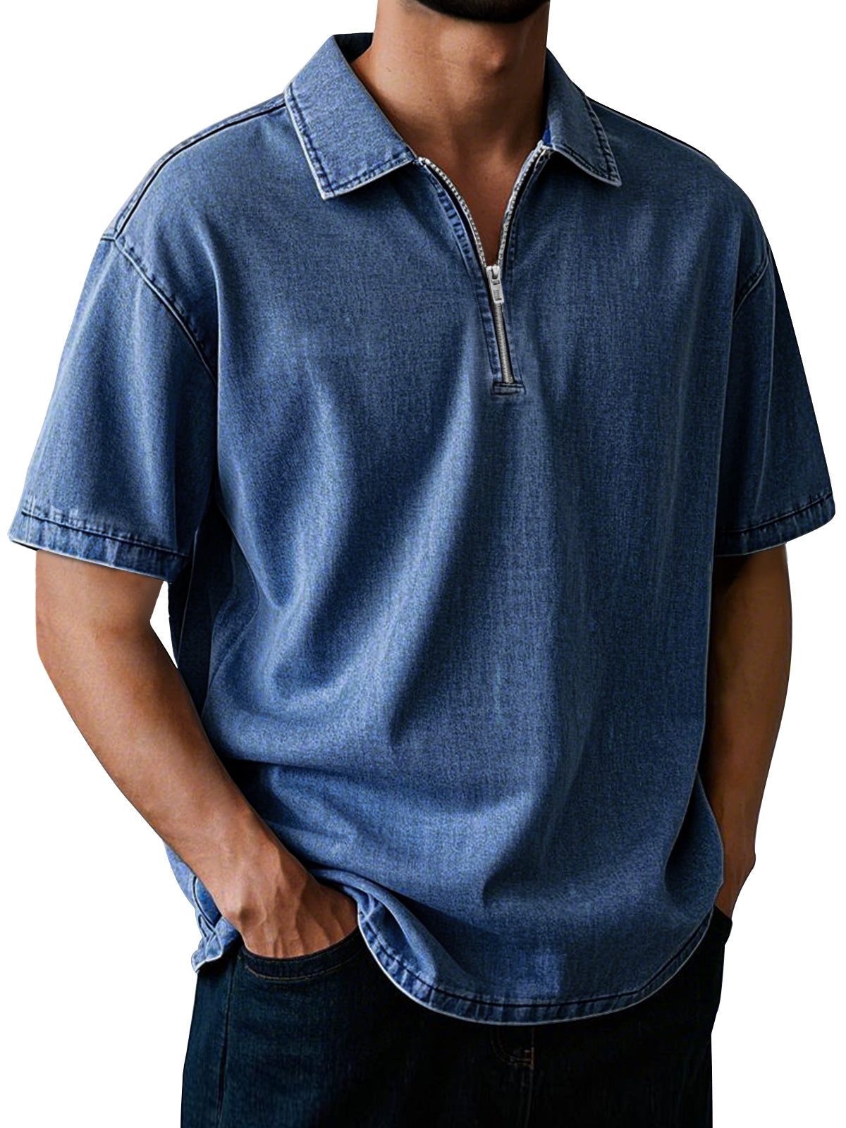 Men's Casual Retro Lapel Zipper Solid Color Short Sleeve POLO Shirt