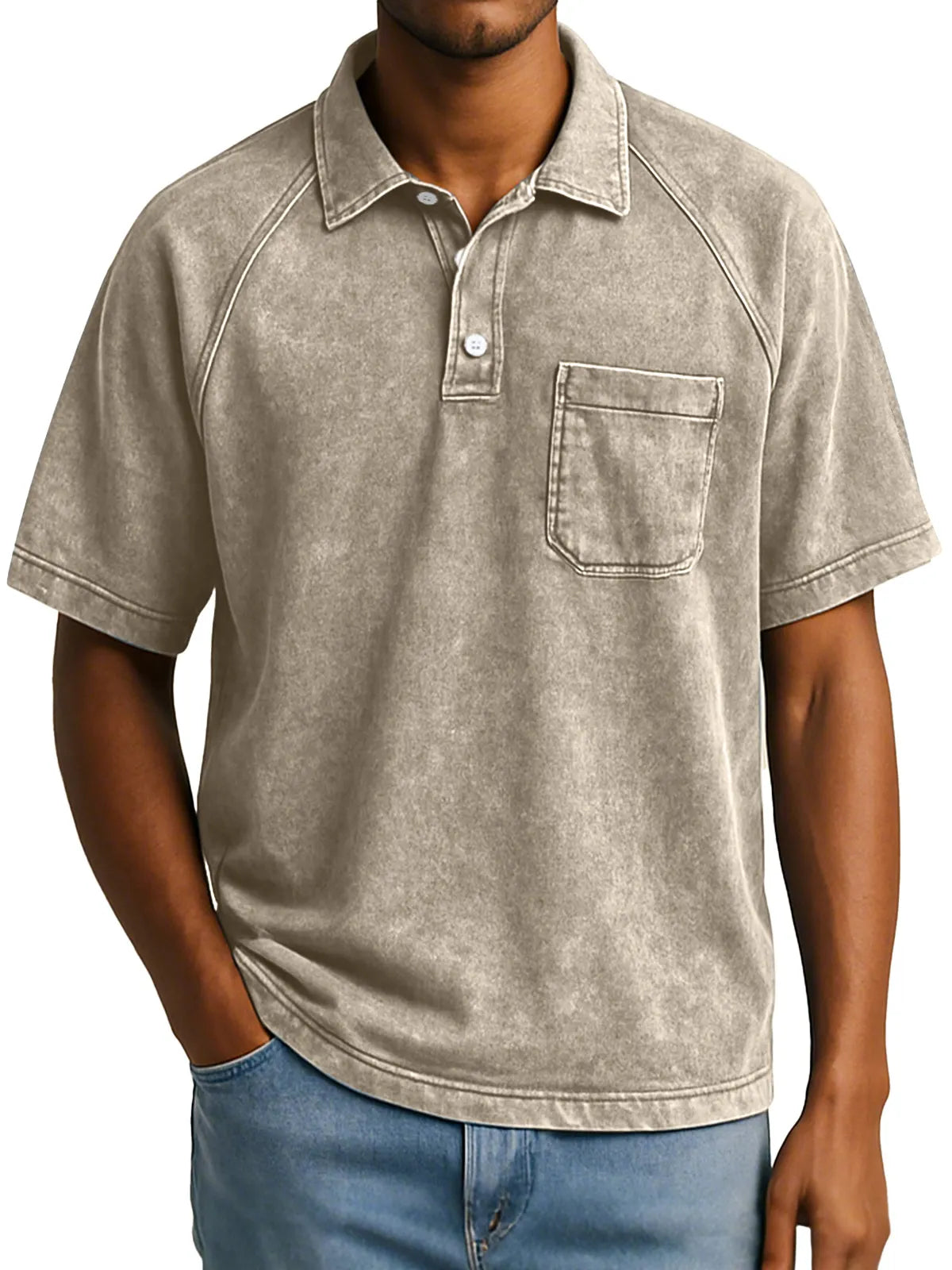 Men's Retro Casual Raglan Short Sleeve Lapel Button Up Polo Shirt