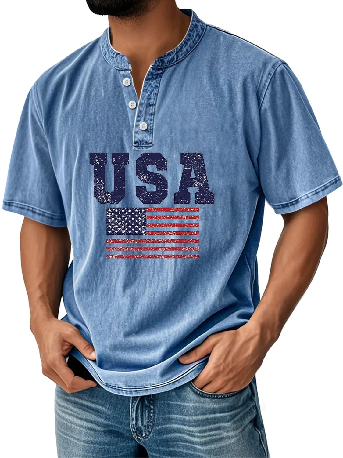 Men's Everyday Independence Day Flag Print Casual Stand Collar Short Sleeve Henley Shirt