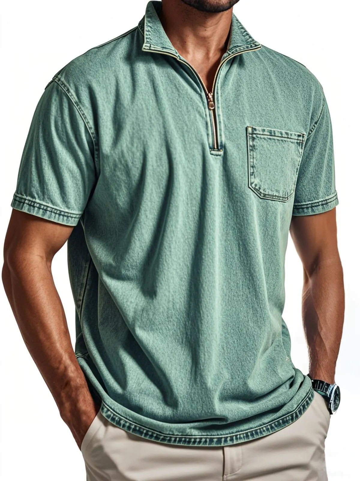 Men's Vintage Distressed Quarter Zip Polo Shirt With Chest Pocket