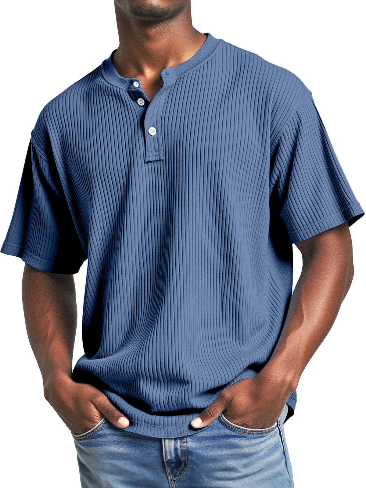 Men's Casual Solid Color Simple Pitted Texture Short-sleeved Henley Shirt