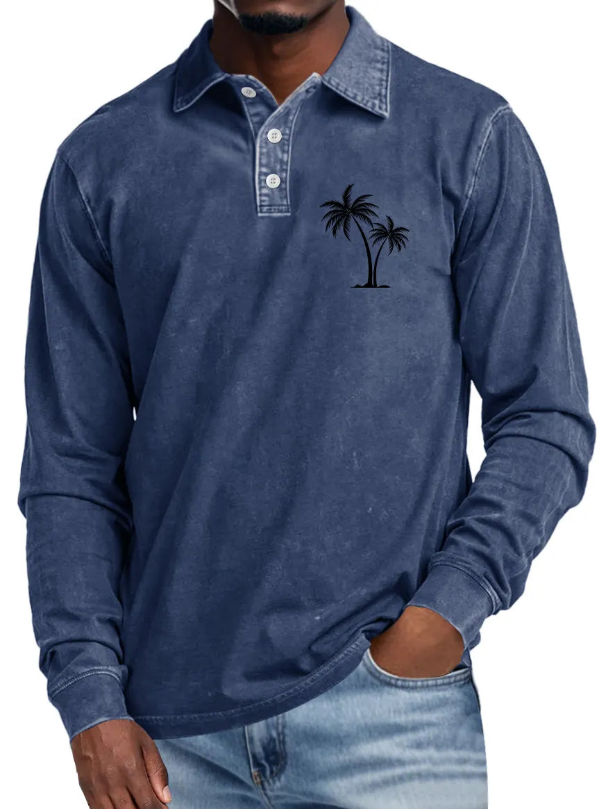 Men's Casual Lapel Buttoned Coconut Print Long Sleeve POLO Shirt