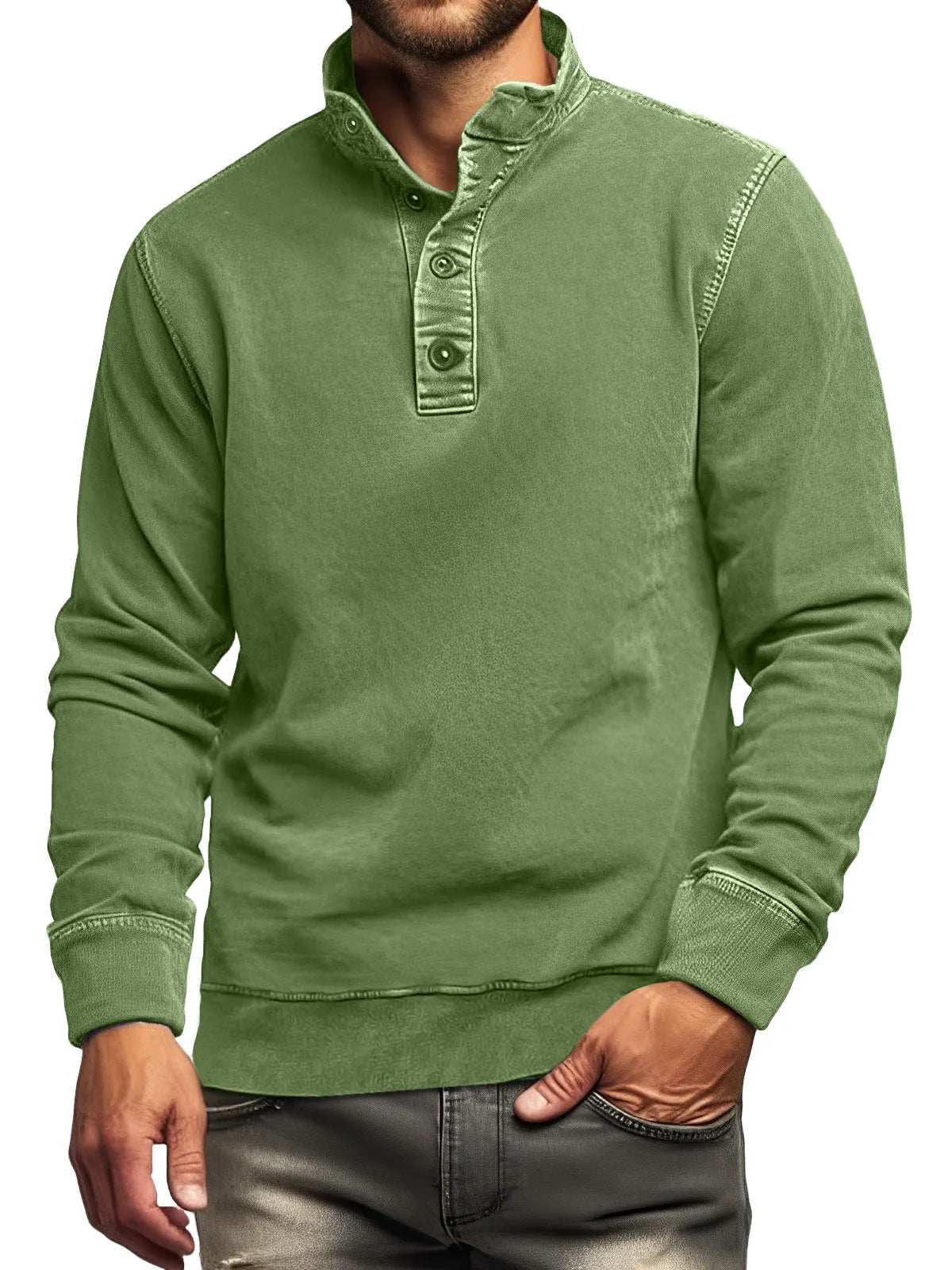 Men's Retro Casual Stand Collar Button Solid Color Sweatshirt