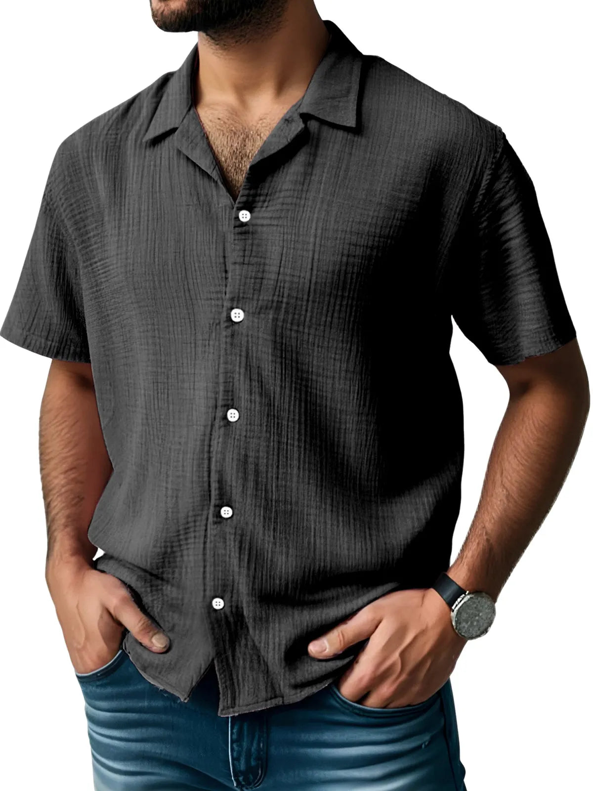 Men's Everyday Solid Color Pleated Texture Short-sleeved Shirt