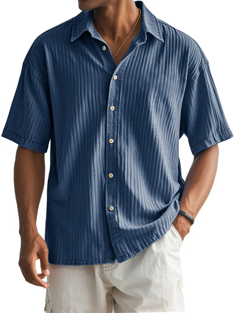 Men's Fashion Casual Ribbed Fabric Short-sleeved Lapel Shirt