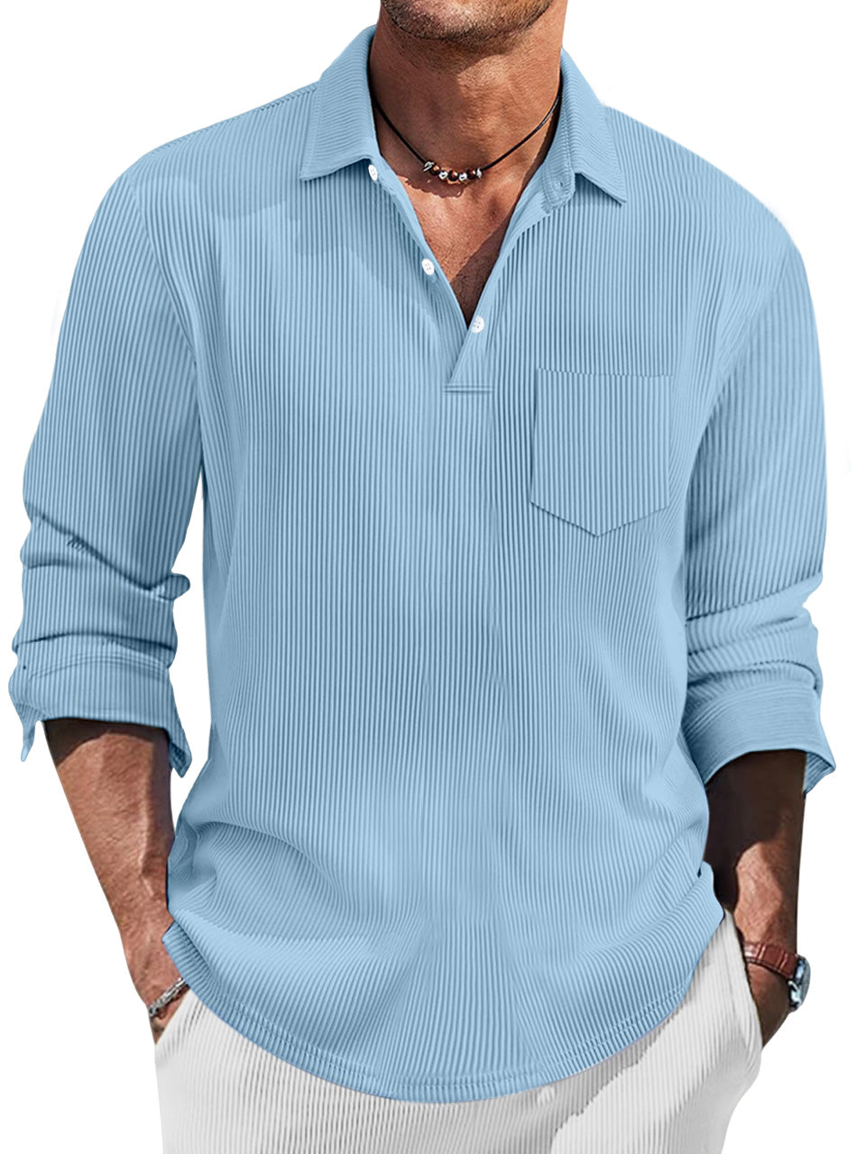 Men's Simple Solid Color Pit Lapel Button-up Polo Shirt