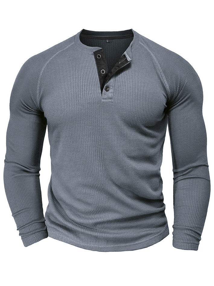 Men's Waffle Henley Collar Textured Long-sleeved Top
