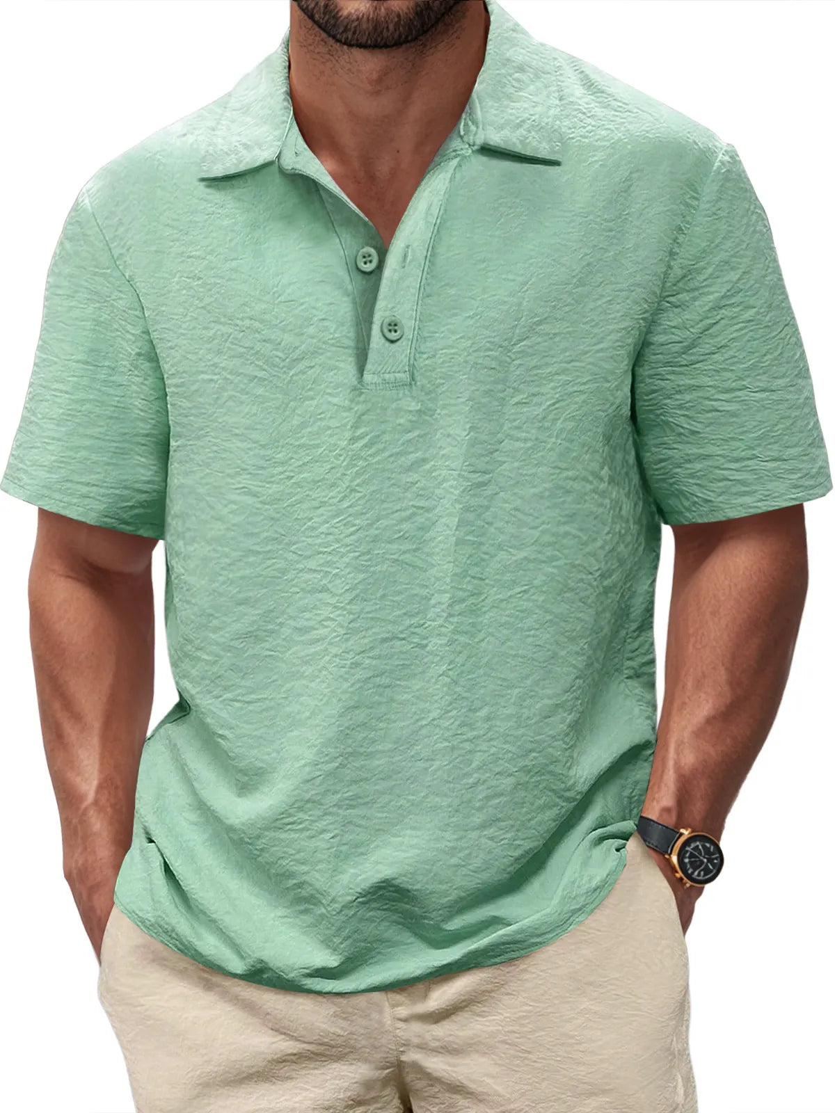 Men's Casual Pleated Texture Button Solid Color Short-sleeved Polo Shirt