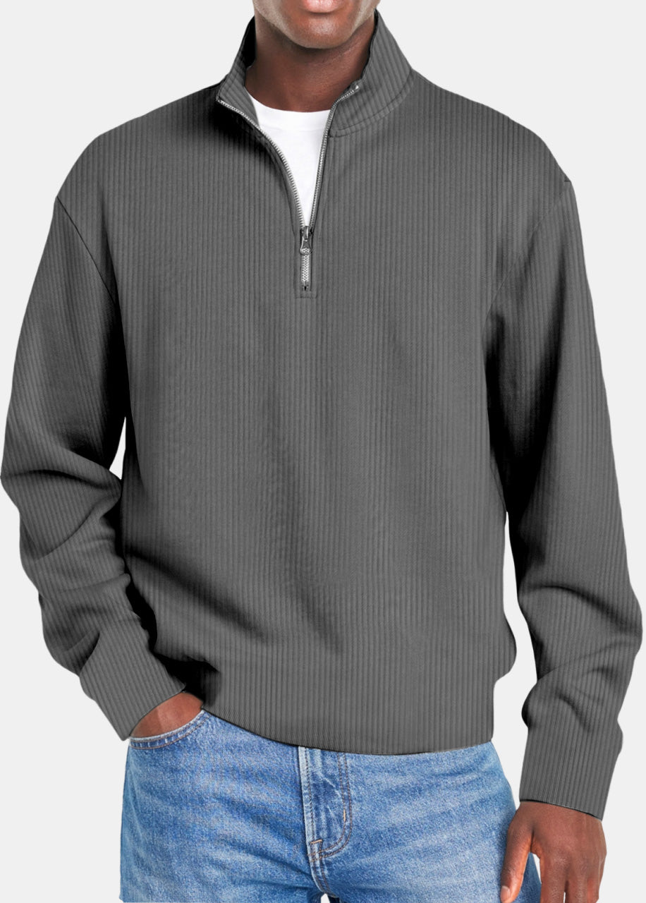 Men's Autumn and Winter Simple Vertical Strip Comfortable Zipper Long-sleeved Polo Shirt