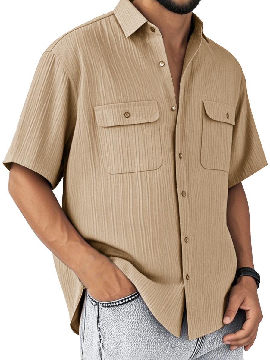 Men's Fashion Retro Double Pocket Lapel Short Sleeve Shirt