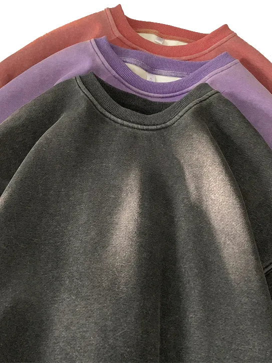 Men's Washed Distressed Cotton Basic Round Neck Long-sleeved Sweatshirt