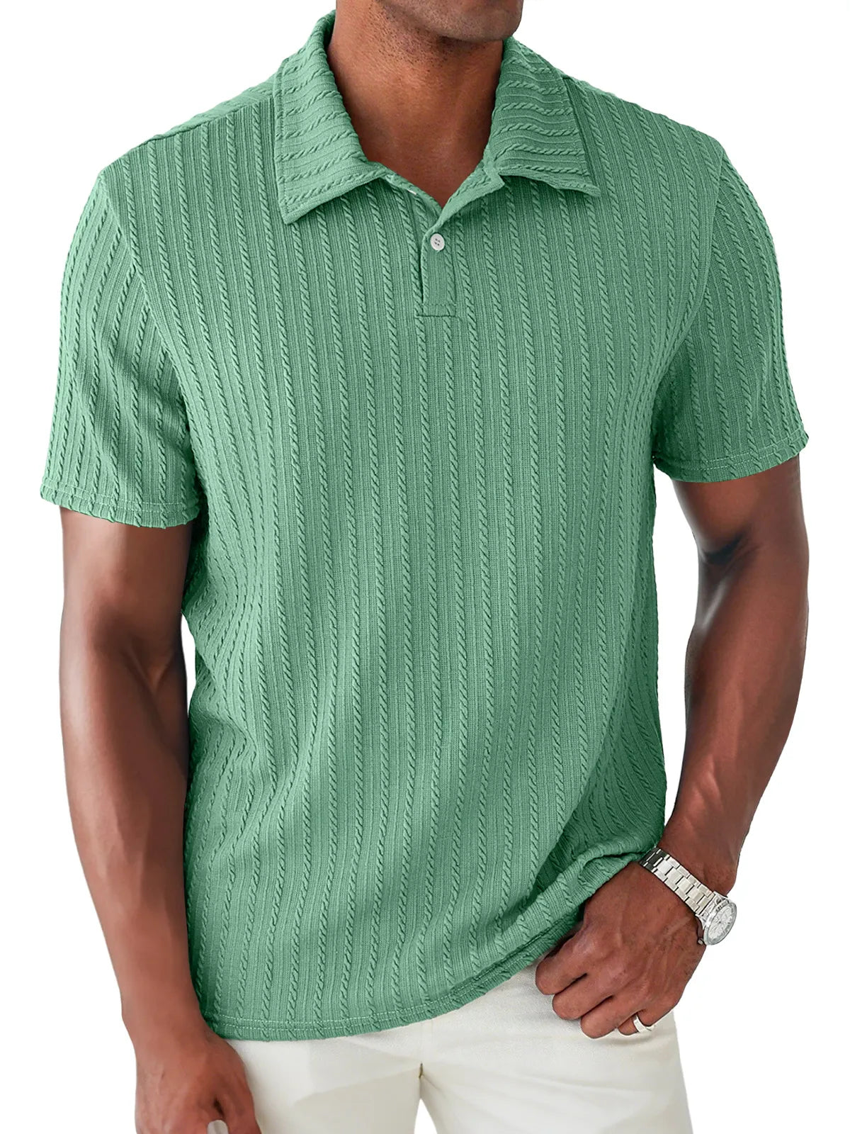 Men's Daily Jacquard Texture Lapel Button Casual Short Sleeve POLO Shirt
