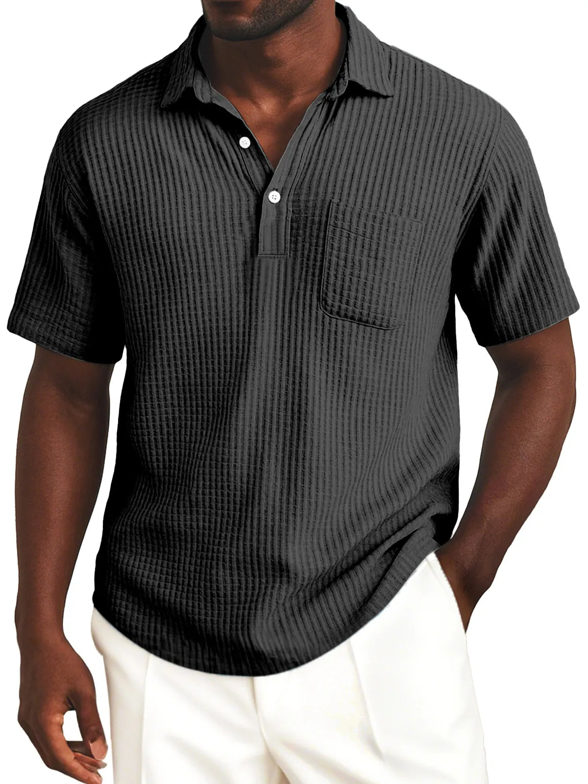 Men's Simple Everyday Solid Color Waffle Lapel Button-up Polo Shirt