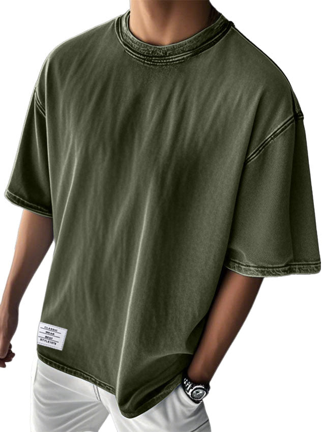 Men's Stylish Washed Distressed Cotton Logo Casual Short Sleeve T-shirt