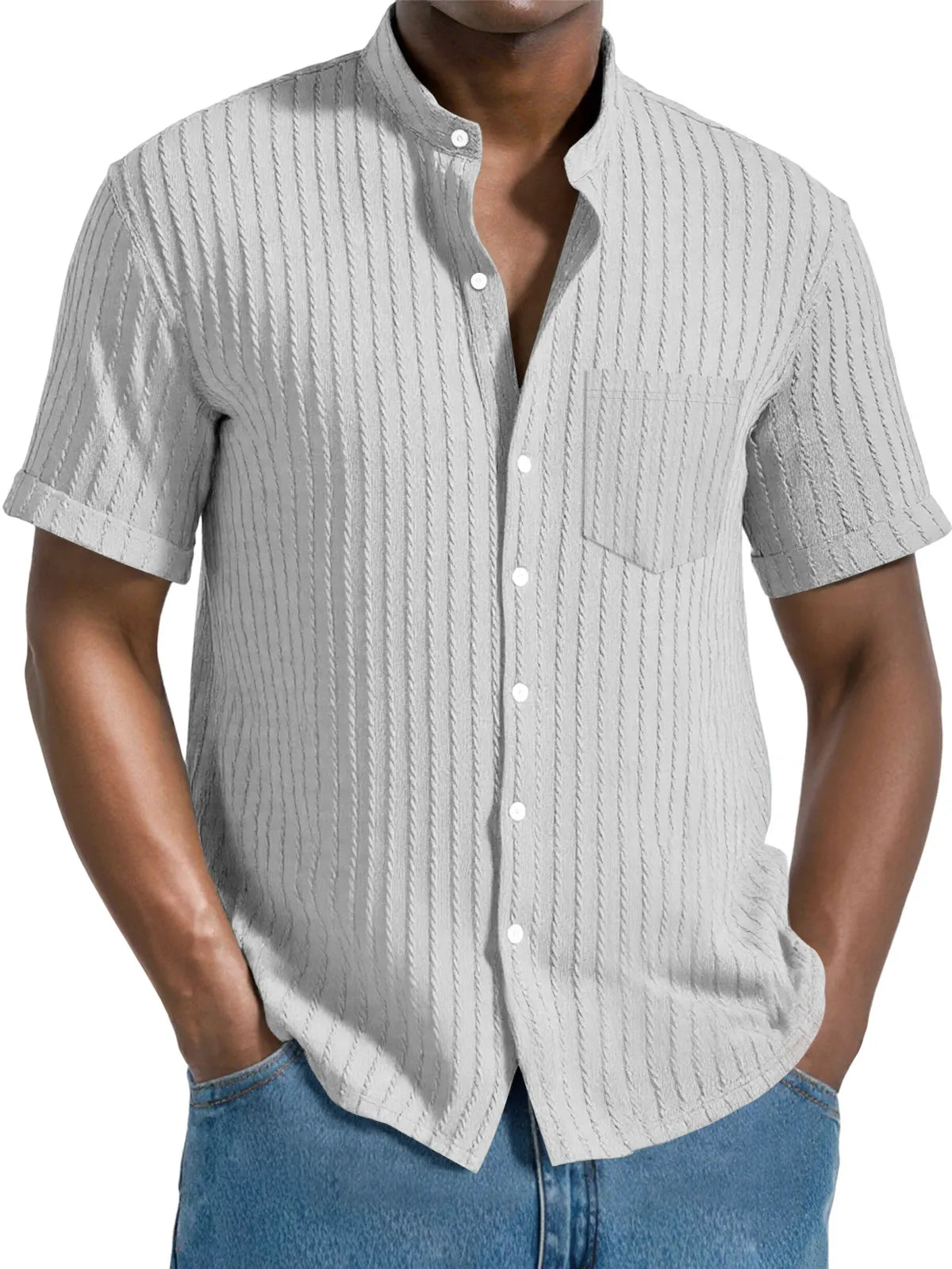 Men's Daily Jacquard Texture Stand Collar Button Casual Short Sleeve Shirt