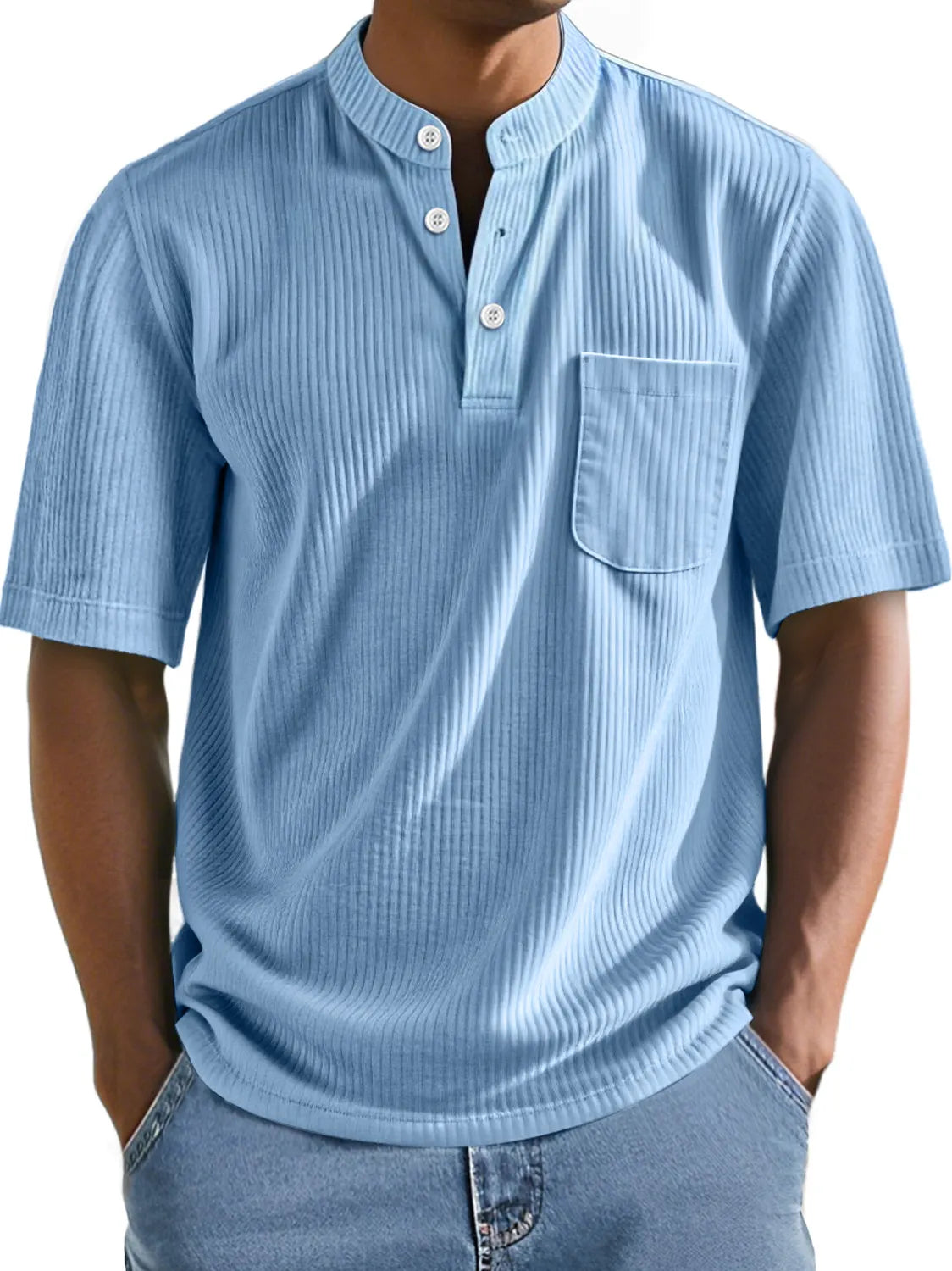 Men's Everyday Stand Collar Ribbed Pocket Comfort Short Sleeve Henley Shirt