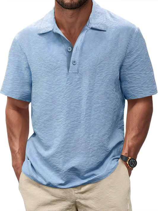 Men's Casual Pleated Texture Button Solid Color Short-sleeved Polo Shirt