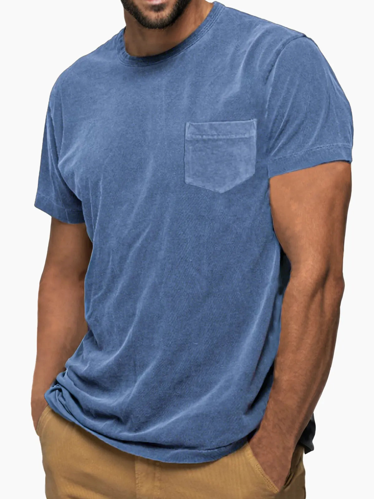 Men's Vintage Distressed Soft Cotton Short Sleeve Basic T-Shirt with Chest Pocket