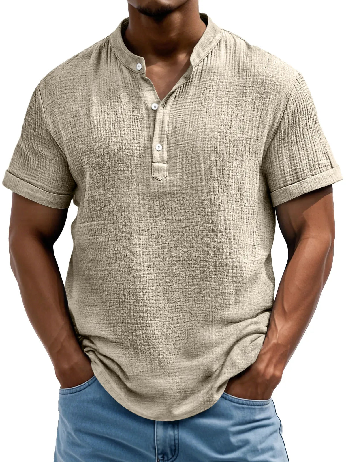 Men's Daily Casual Textured Half-Placket Henley Short Sleeve Shirt