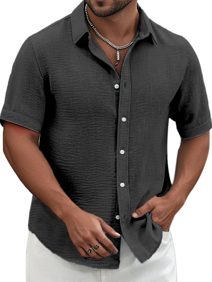 Men's Summer Solid Color Textured Short-sleeved Lapel Button-down Shirt