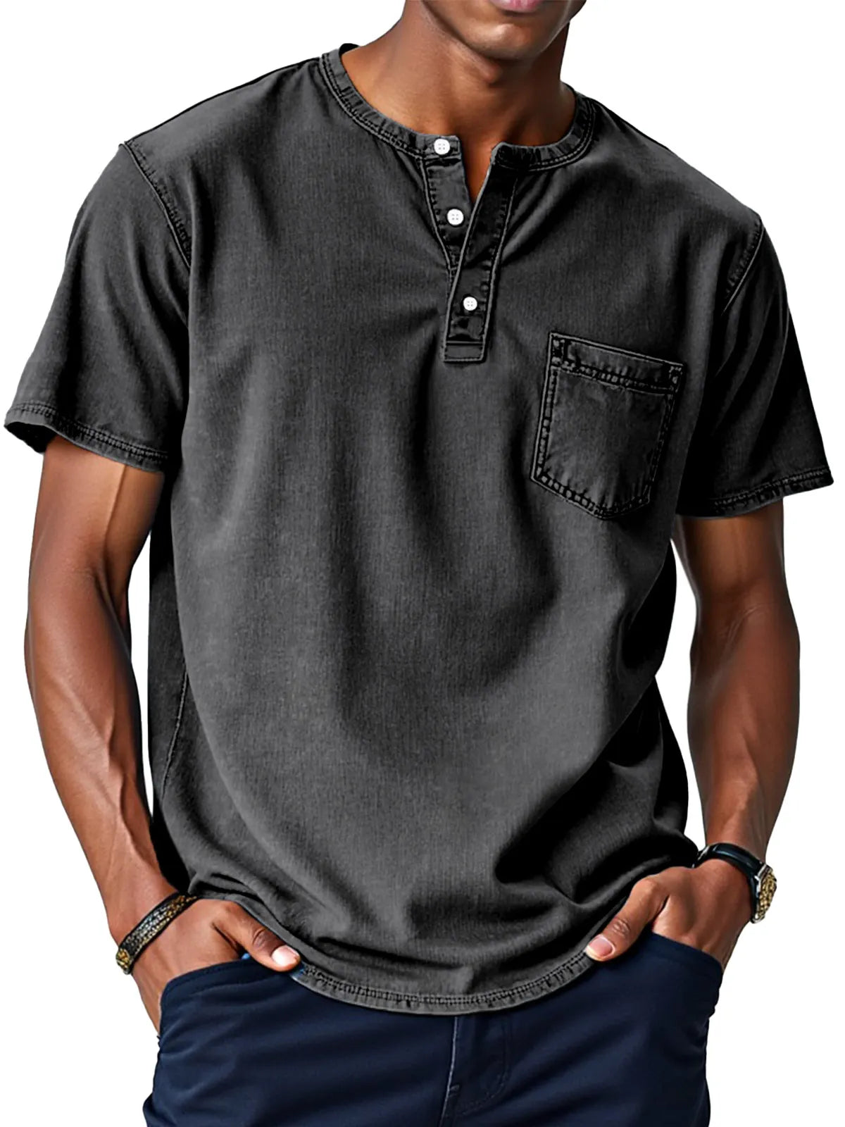 Men's Retro Solid Color Loose Button Stand Collar Short Sleeve Henley Shirt