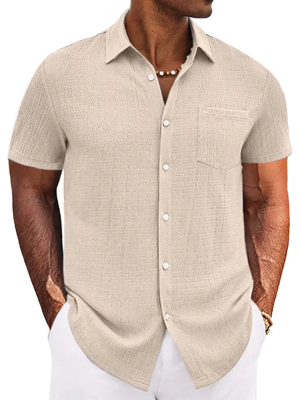 Men's Casual Simple Solid Color Texture Short-sleeved Button-down Shirt