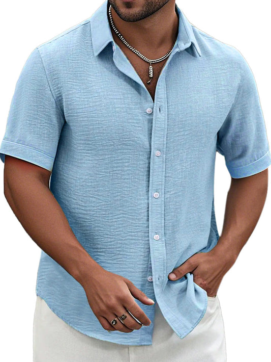 Men's Summer Solid Color Textured Short-sleeved Lapel Button-down Shirt