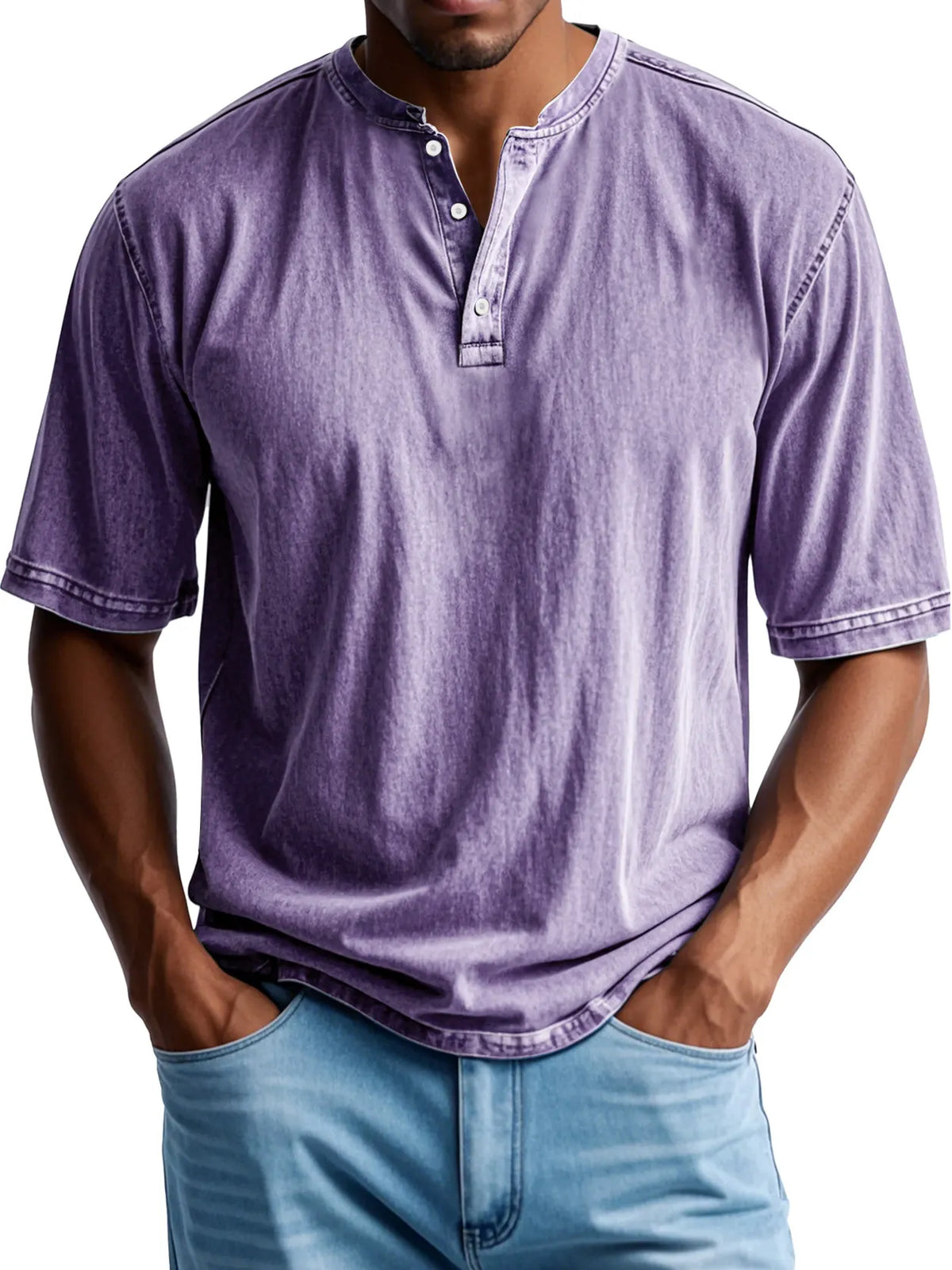 Men's Retro Casual Button Up Comfortable Solid Color Short Sleeve Henley Shirt