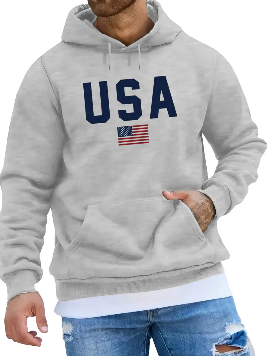 Men's Fashionable American Flag Print Pocket Long Sleeve Hoodie