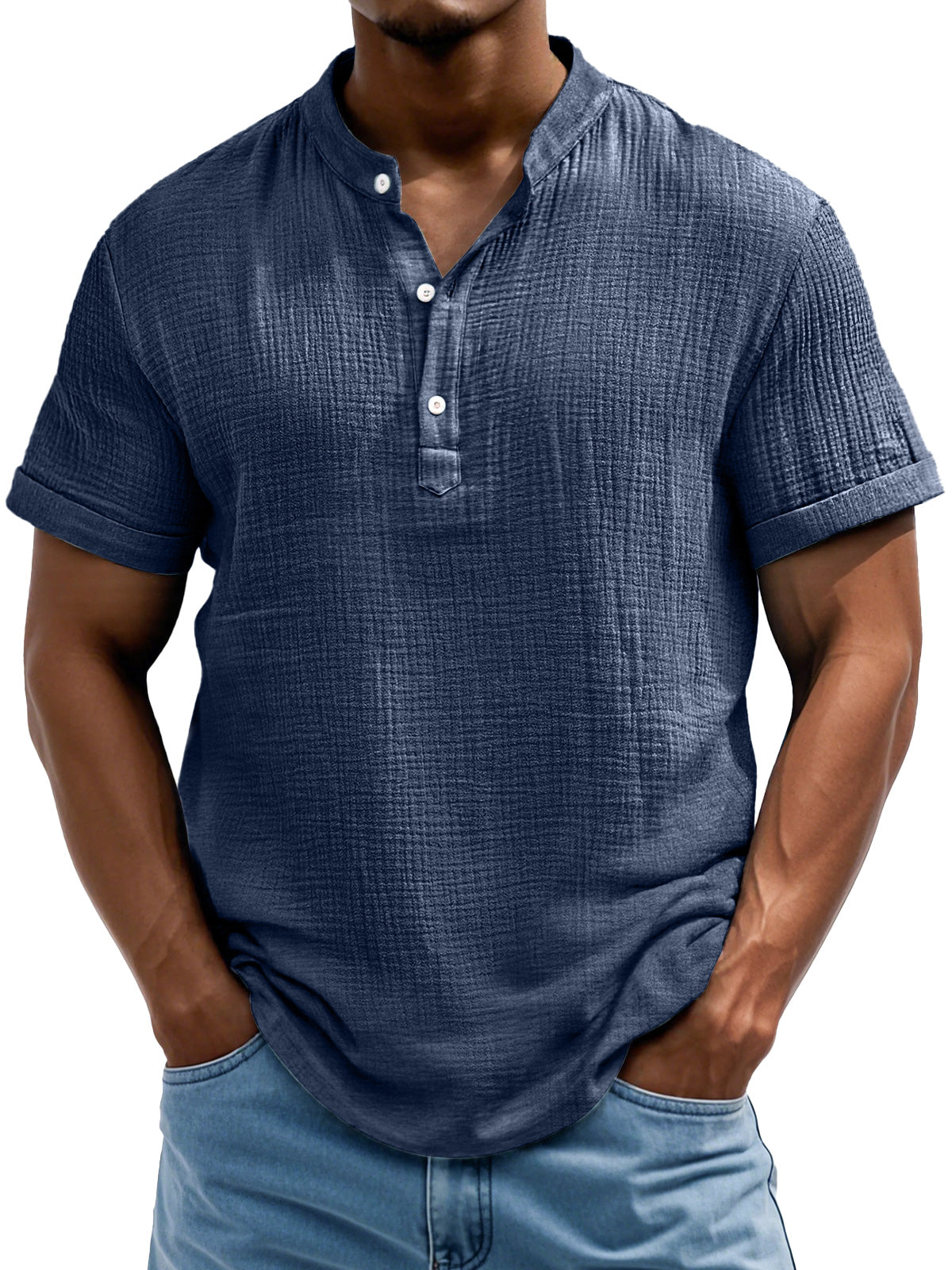 Men's Daily Casual Textured Half-Placket Henley Short Sleeve Shirt